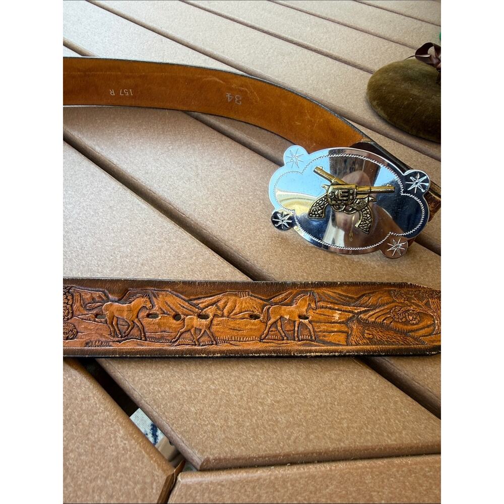 Tooled Leather Western Horse Belt Size 34 Brown Silver - Picture 5 of 7